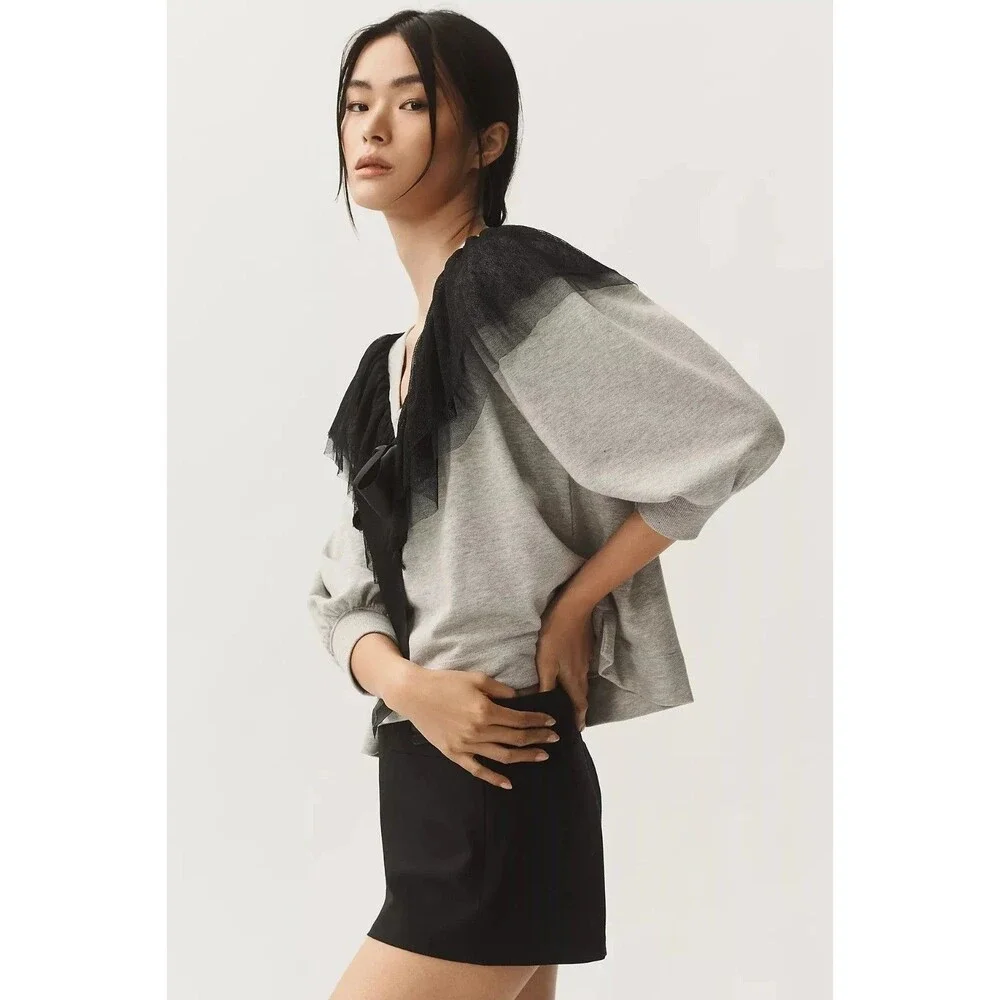 Anthropologie Maeve V-Neck Bow Sweater Pullover Top Tulle Mesh Ruffle XL 289709